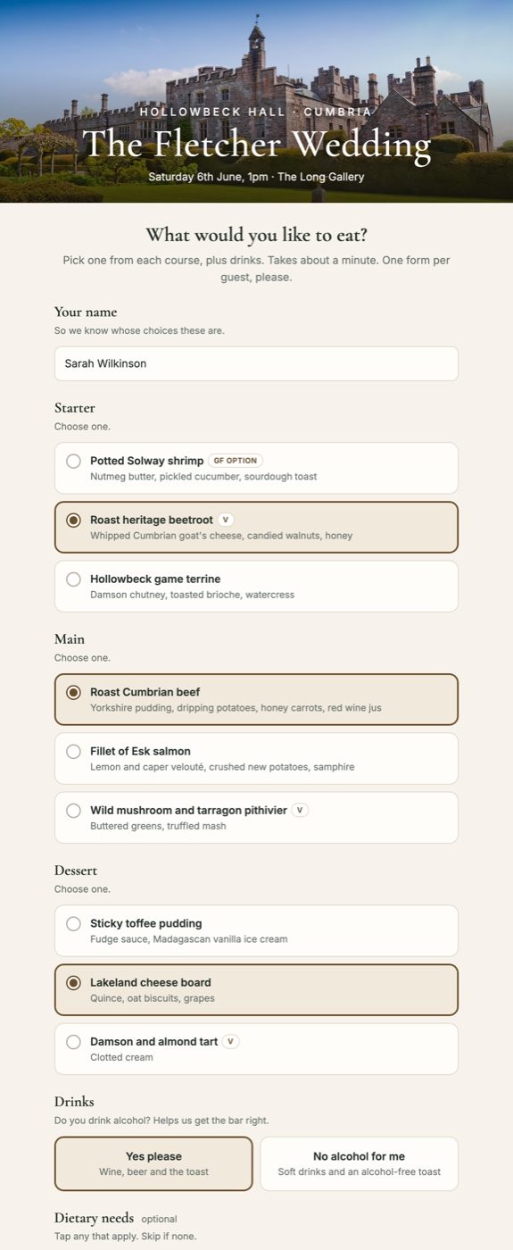The guest menu form, branded for Hollowbeck Hall, showing starter, main and dessert choices as large tappable cards