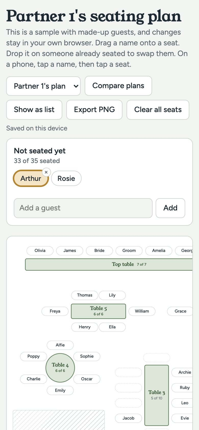 The seating planner on a phone, with one guest selected, ready to tap onto a seat