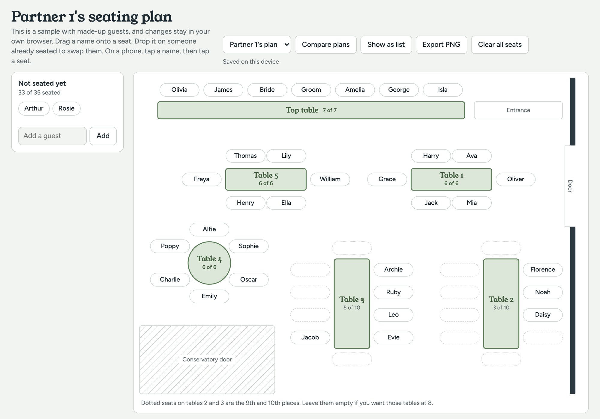 The seating planner with guests seated around a wedding room drawn to scale